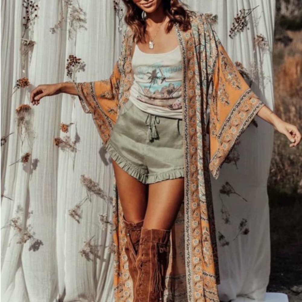 Bohemian Floral Longline Cardigan Kimono - Mustard